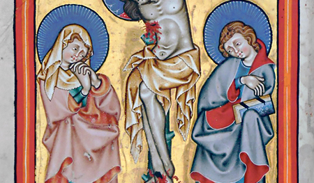 Kreuzigung Christi (Kanonbild), Missale des Andreas-Altares, um 1320, Wilhering, Stiftsbibliothek, Cod. 9 