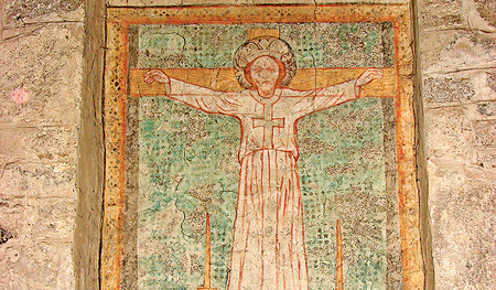 Volto Santo (in der Legende mit der gekreuzigten hl. Kümmernis verbunden), um 1390, Linz, Martinskirche