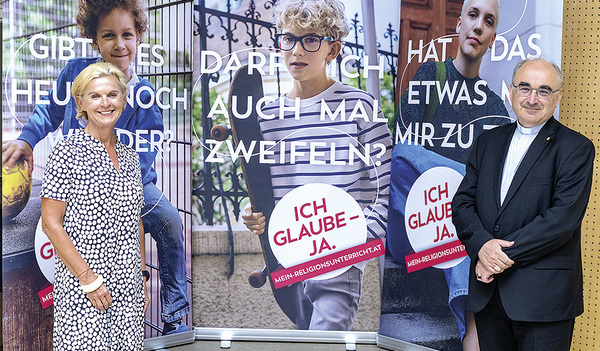 Präsentation der Kampagne „Ich glaube – Ja“ für einen zeitgemäßen Religionsunterricht mit Schulamtsleiterin Andrea Pinz und Schulbischof Wilhelm Krautwaschl. 