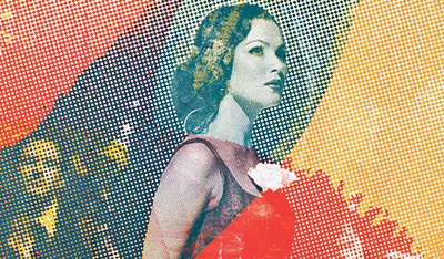 Martina Stock stellt in ihren aktuellen Serigrafien auf Leinwand (160x110 cm) Festspiel-Künstlerinnen  wie Opernsängerin Anna Netrebko und Regisseurin Shirin Neshat in den Mittelpunkt.