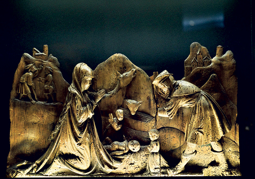 Halbrelief „Christi Geburt“, entstanden um 1520, Lindenholz. Die Krippendarstellung stammt ursprünglich aus Gmunden und wurde im Jahr 1913 vom Museum angekauft.  