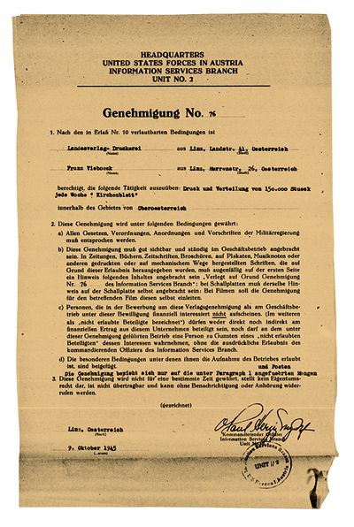 Die Genehmigung Nr. 76 der US-Besatzungsbehörden vom 9. Oktober 1945 ermöglichte 1945 das Erscheinen des Kirchenblatts.