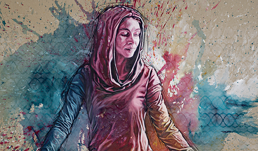 „Die Gabe“ aus der Serie „Sie“ von Evelyn Kreinecker (Acryl, Lack, Kohle, Öl auf Leinwand, 130 × 160 cm). Rechts: Aus Porzellan gefertigt, fängt die Installation von Maria Nalbantova einen Moment des Übergangs ein: sie zeigt eingefrorene Weichheit un