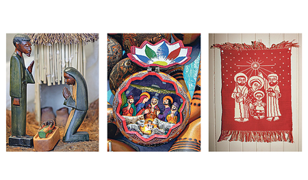 Krippe aus Angola im afrikanischen Stil. Mitte: Bunte Krippe aus Peru. Rechts: Die Krippendarstellung aus Norwegen erinnert an einen typischen Pullover. 