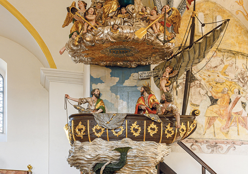 Franz Xaver Leithner und Adam Racher, Fischerkanzel, 1759, Fischlham, Pfarrkirche.  