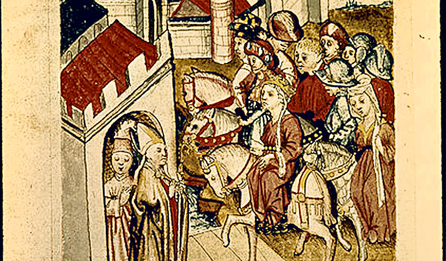 Bischof Pilgrim empfängt Kriemhild und ihr Gefolge, um 1400, ­Hundeshagensche Handschrift, Ms. germ. fol. 855, Staatsbibliothek zu ­Berlin – Preußischer Kulturbesitz.