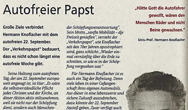 Die KirchenZeitung stellte den „Autofreien Papst“ vor. 