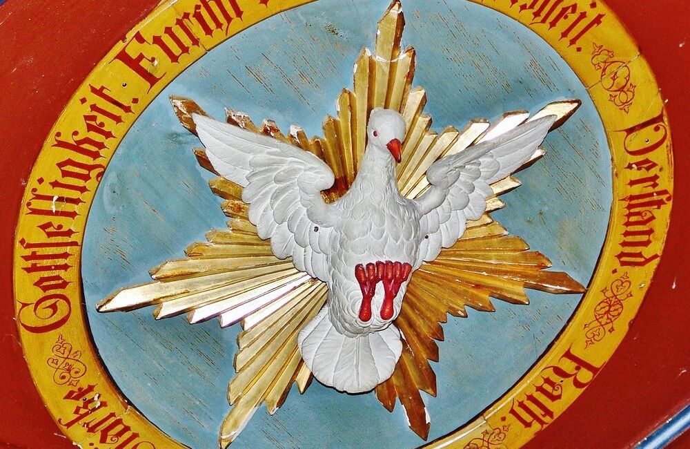 Taube an der Kanzel der Pfarrkirche Grünbach bei Freistadt