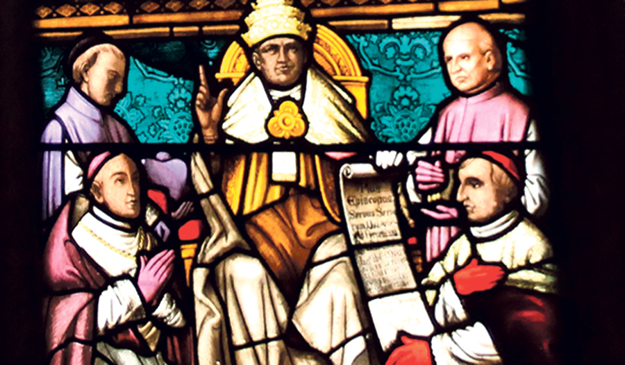 Verkündung des Dogmas der „unbefleckten Empfängnis“ Mariens – Glasfenster im Mariä-Empfängnis-Dom Linz.  