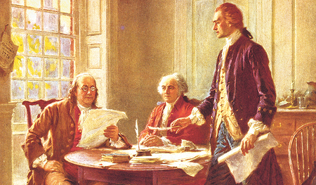 Thomas Jefferson (1743-1826), Benjamin Franklin (1706-90) und John Adams (1735-1826) beim Verfassen und Redigieren der US-amerikanischen Unabhängigkeitserklärung im Jahr 1776.