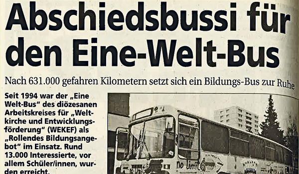 „Abschiedsbussi für den Eine-Welt-Bus“ titelte die KirchenZeitung vor 25 Jahren.  
