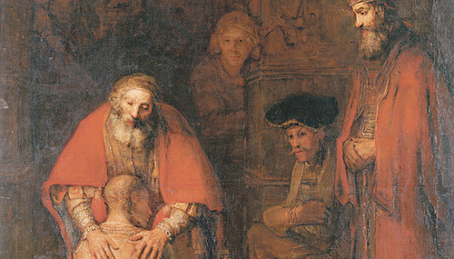 Rembrandt van Rijn drückt die Barmherzigkeit des Vaters mit zwei unterschiedlichen Händen aus: Eine Hand zeigt mütterlich-weiche Züge, die andere ist streng und stark. Circa 1666–69, Eremitage Sankt Petersburg.  
