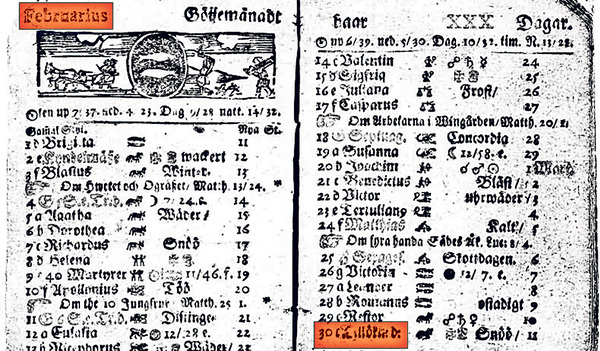 Schwedischer Kalender 1712: Der Februar hat einen 30. Tag (siehe Unterlegungen).