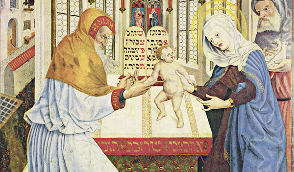 Darbringung Jesu im Tempel (Meister der Pollinger Tafeln, um 1444, Stiftskirche Polling in Süddeutschland)   
