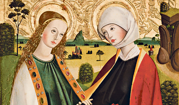 Ausschnitt aus einer Darstellung „Maria Heimsuchung“, die sich in der Sammlung des Stiftes Kremsmünster befindet: Gotische Tafelmalerei, Öl auf Holz, im oberösterreichisch-salzburgischen Raum um 1460 entstanden. 