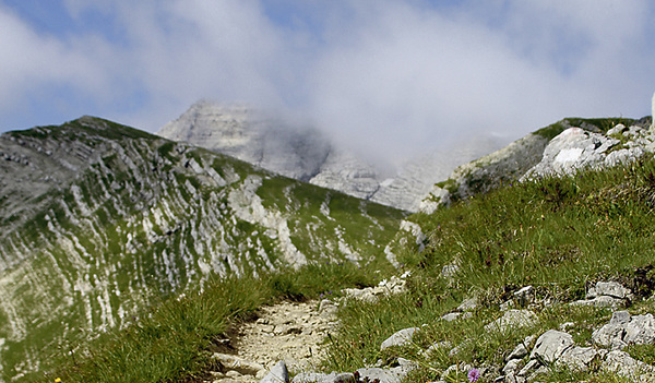 Auf den Bergen ist man wie auf den Wegen des Lebens unterwegs: keine geraden Straßen, sondern gewundene Pfade hinauf und hinab. Am Bild im Hintergrund das Warscheneck (Totes Gebirge). 