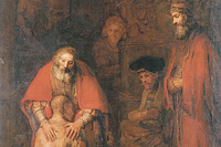 Rembrandt van Rijn drückt die Barmherzigkeit des Vaters mit zwei unterschiedlichen Händen aus: Eine Hand zeigt mütterlich-weiche Züge, die andere ist streng und stark. Circa 1666–69, Eremitage Sankt Petersburg.  