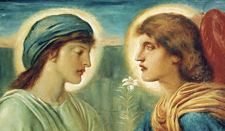 Der Erzengel Gabriel verkündet Maria die Geburt ihres Sohnes Jesus.  Ölbild auf Leinwand (1894) von Simeon Solomon, Russel-Cotes Museum in Bournemouth, England
