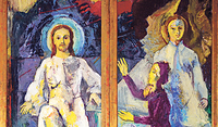„Mogersdorfer Altar“ von Herbert Boeckl. Die unterschiedlichen Dimensionen des Auferstandenen und der Maria von Mágdala werden in den separaten Bildflügeln angedeutet.  