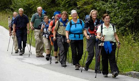 Wallfahrt von Mondsee nach Maria Zell. Neun Personen, vier M?nner und f?nf Frauen sind zu Fu?? unterwegs. 