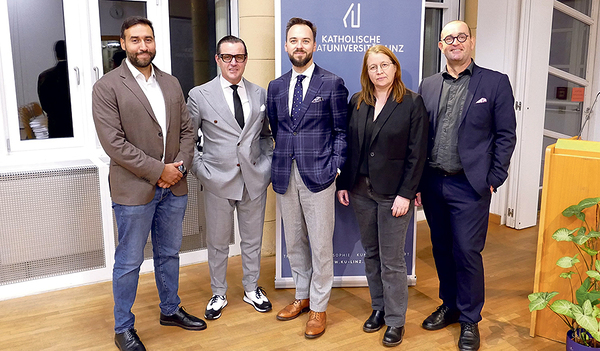 Amin Elfeshawi (von links), Chris Müller, Martin Koci vom Institut für Fundamentaltheologie und Dogmatik der KU Linz, Katja Winkler vom ­In­stitut für Christliche Sozialwissenschaften  der KU Linz und Thomas Schlager-Weidinger.   