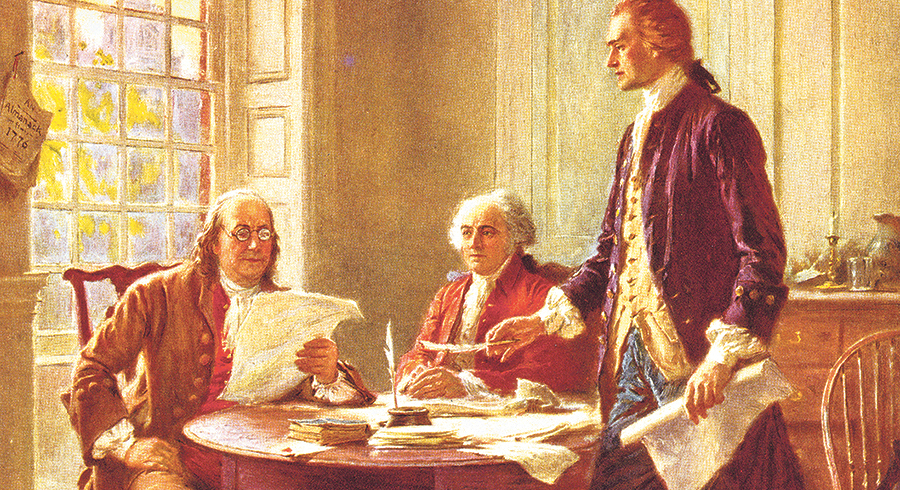 Thomas Jefferson (1743-1826), Benjamin Franklin (1706-90) und John Adams (1735-1826) beim Verfassen und Redigieren der US-amerikanischen Unabhängigkeitserklärung im Jahr 1776.