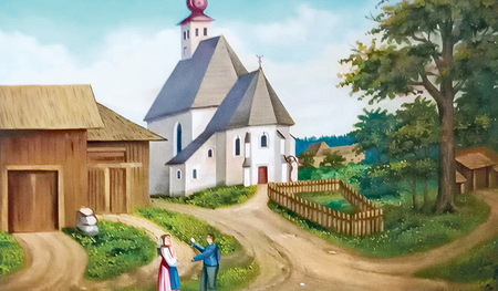 Die Pfarrkirche Aurach in einer  alten Darstellung.   