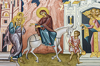 Die Heilige Familie – fast ein Idyll, diese Flucht nach Ägypten. Wandzeichnung in der neuen griechisch-orthodoxen Kirche zum hl. Johannes Chrysostomos in der Wiener Innenstadt.  