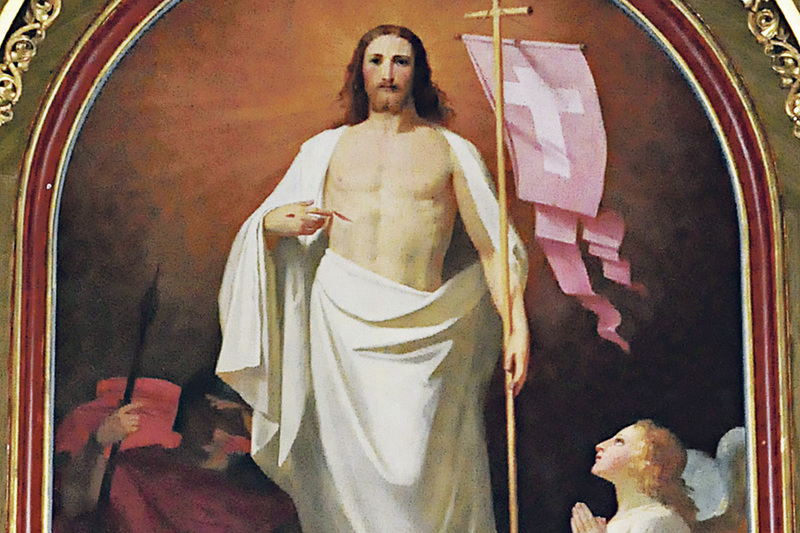 Christus der Auferstandene. Altargemälde im Nazarenerstil von Melchior Paul Deschwanden in der Pfarrkirche Thal, Vorarlberg.   