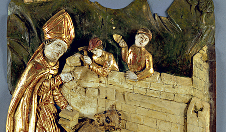 Kirchenbau des hl. Wolfgang mit Hilfe des Teufels, um 1510/20, Linz, Schlossmuseum (Geschenk des Stiftes St. Florian).   