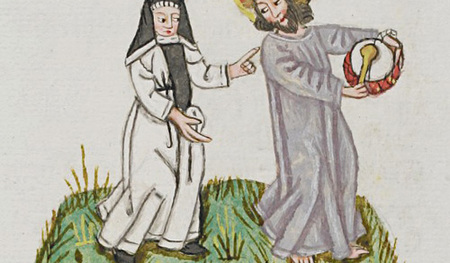 Christus trommelt und tanzt vor der liebenden Seele. Buchmalerei aus Codex 710 in der Stiftsbibliothek Einsiedeln