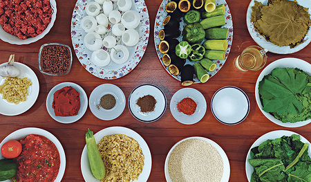 Die orientalische Küche arbeitet viel mit Gewürzen wie Kreuzkümmel, Koriander oder Minze. Auf dem Bild sind alle Zutaten für die Spezialität „Dolma“ zu sehen, das ist mit Reis und/oder Faschiertem gefülltes Gemüse.