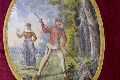 Darstellung der Ursprungsgeschichte auf einer etwa 250 Jahre alten Fahne: Die Bauersleute stoßen auf die Diebesbeute. 