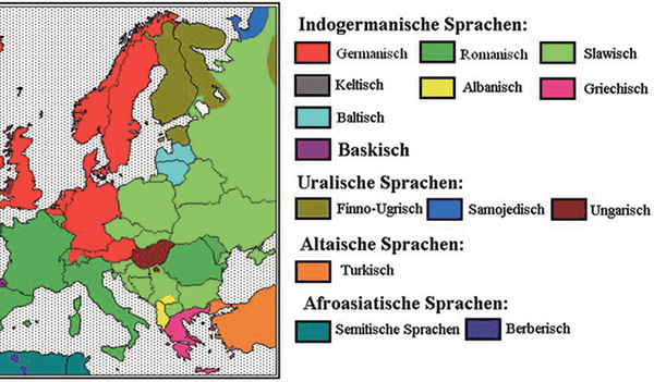 Der Ausschnitt dieser Europakarte zeigt dir, wo welche Sprachstämme ihren Ursprung haben. 