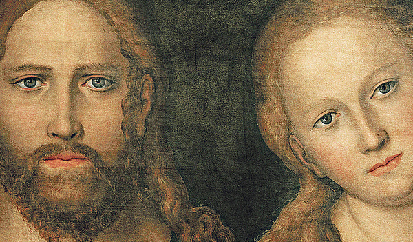 Christus und Maria Magdalena. Gemälde von L. Cranach dem Älteren. Wittenberg um 1515/20. Mischtechnik auf Pergament auf Eichenholz. Stiftung Schloss Friedenstein.   