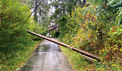 Strommasten und Bäume liegen quer über die Straße. 