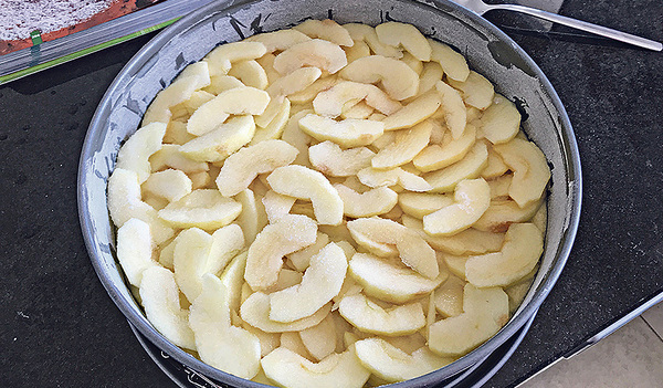 Noch liegen die Äpfel obenauf. Beim Backen versinken sie in den Teig und machen die Torte herrlich saftig.