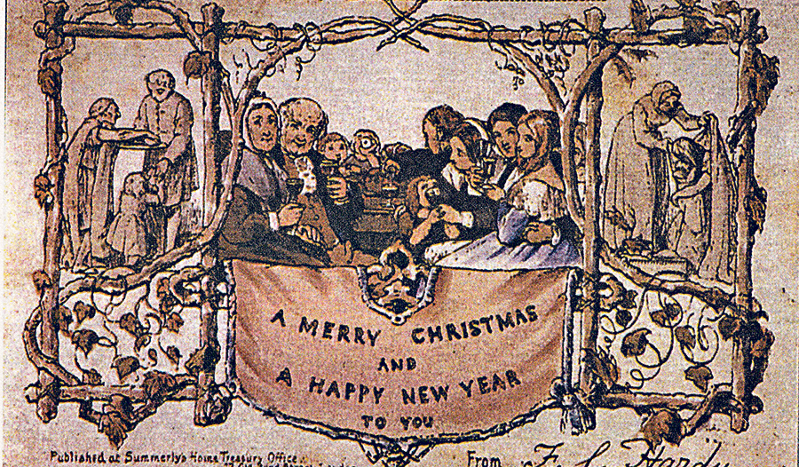 Die erste Weihnachtskarte wurde in England produziert und trug den Text   „A Merry Christmas and a Happy New Year to you“ (Frohe Weihnachten und ein gutes neues Jahr für dich)  
