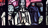 Fensterbild von Martin Häusle in der Pfarrkirche Feldkirch Levis, geschaffen 1964/65. Dargestellt sind die Heiligen Fidelis von Sigmaringen und Nikolaus von der Flüe sowie der Märtyrer und selige Carl Lampert, der aus Göfis in Vorarlberg stammte und 