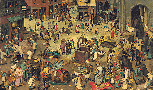 Heute würde man „Wimmelbild“ dazu sagen – ein Blick auf den Dorfplatz mit thematischem Schwerpunkt: „Der Kampf zwischen Karneval und Fasten“ von Pieter Bruegel d. Ä., 1559, Öl auf Eichenholz, 118 × 164,5 cm, Wien, Kunsthistorisches Museum.