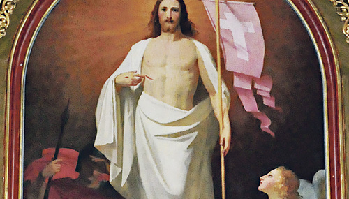 Christus der Auferstandene. Altargemälde im Nazarenerstil von Melchior Paul Deschwanden in der Pfarrkirche Thal, Vorarlberg.   