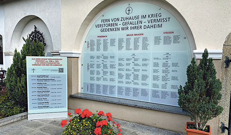 Zwei Beispiele für Erinnerungszeichen: Am Friedhof von Peuerbach wurde das Kriegerdenkmal um eine Tafel mit Opfern der NS-„Euthanasie“ ergänzt.