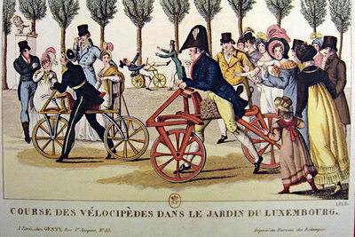 Öffentliche Vorführung des „Velozipedes“ in Paris 1818
