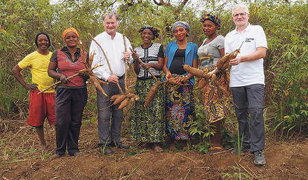 Kongolesische Bauern zeigen Bischof Manfred Scheuer und Caritas-OÖ-Direktor Franz Kehrer im wahrsten Sinne des Wortes die Früchte ihrer Arbeit: frisch geerntete Maniok-Wurzeln. 