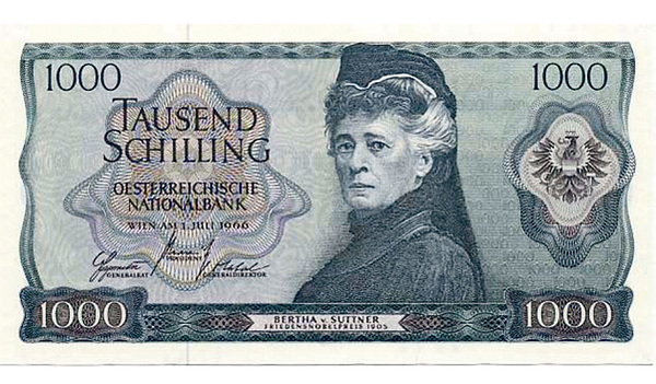 Friedensnobelpreisträgerin Berta von Suttner schaffte es auf den 1000-Schilling-Schein. 