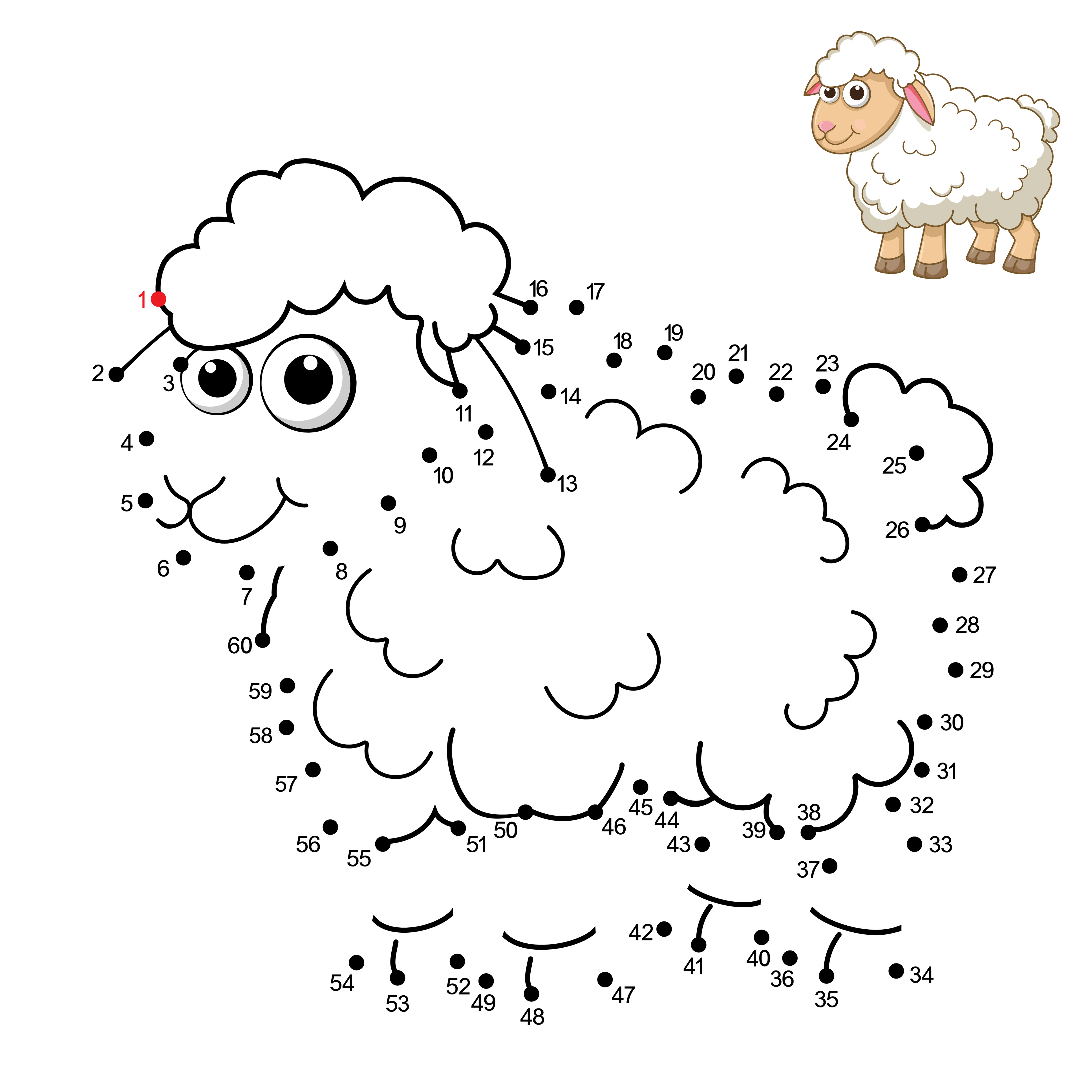 Sheep. Dot to dot Game. Connect the dots by numbers to draw the Lamb. Game and Coloring Page with cartoon cute Sheep. Logic Games for Kids. Education card for kids learning counting number 1-60.