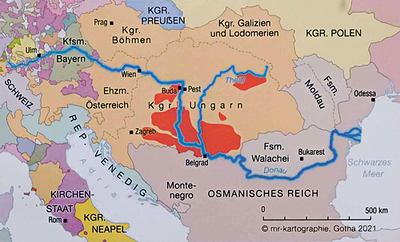 Die Siedlungsgebiete der Donauschwaben sind als rote Felder gekennzeichnet.   