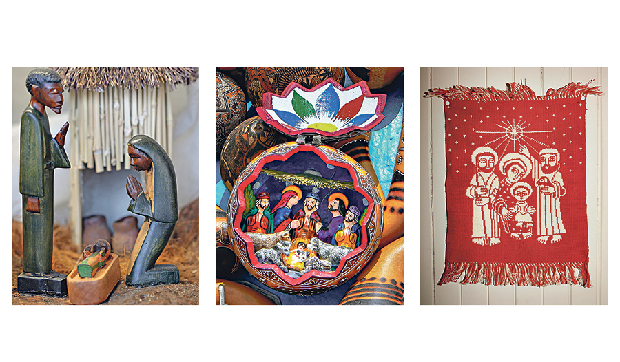 Krippe aus Angola im afrikanischen Stil. Mitte: Bunte Krippe aus Peru. Rechts: Die Krippendarstellung aus Norwegen erinnert an einen typischen Pullover. 