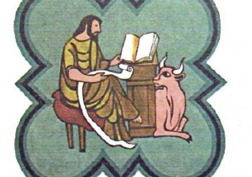 Der Evangelist Lukas wird hier beim Lesen des Evangeliums dargestellt. Sein Symbol ist der Stier.  