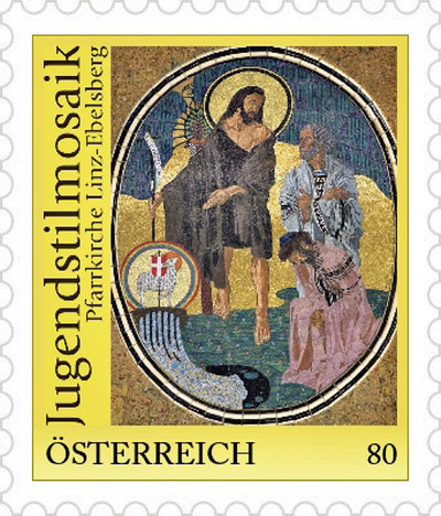 : Eine Sonderbriefmarke zeigt Johannes den Täufer aus dem Jugendstilmosaik der Pfarrkirche Ebelsberg.  